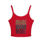 Red tank top with 'MORE MORE MORE' text 