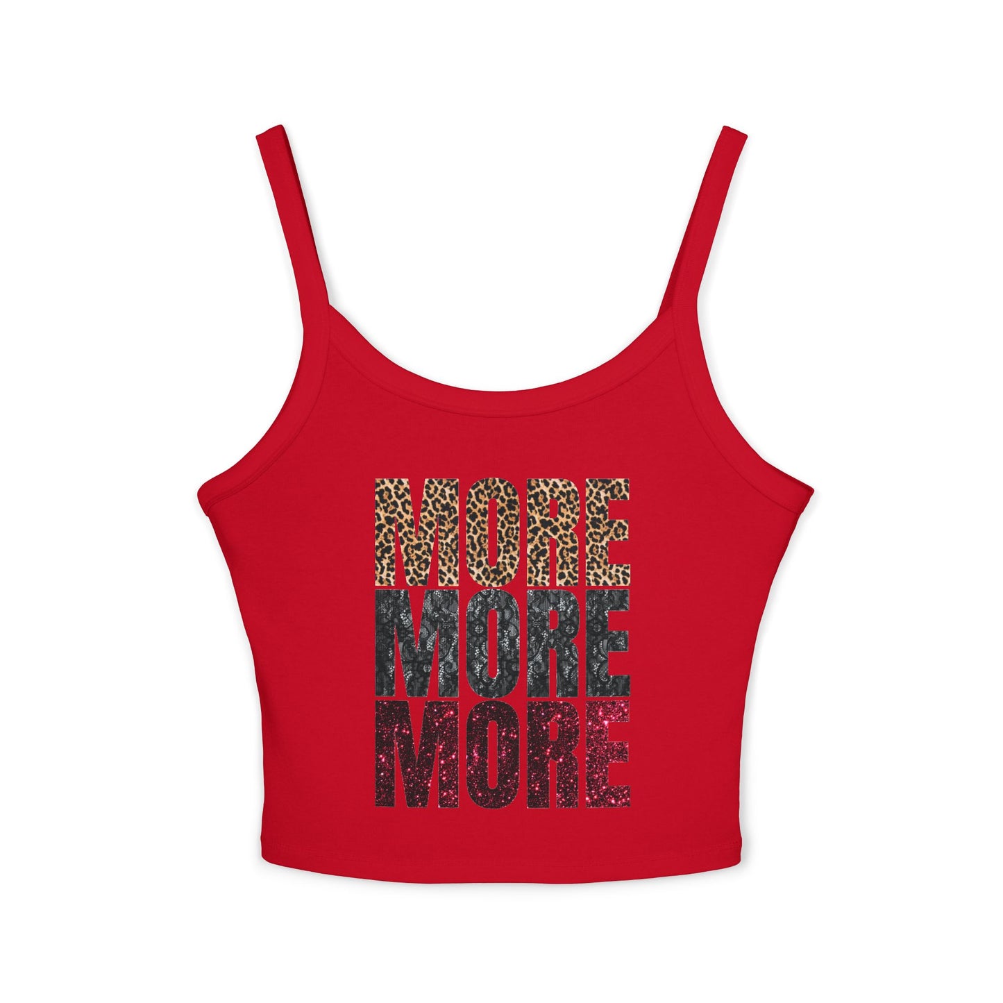 Red tank top with 'MORE MORE MORE' text 