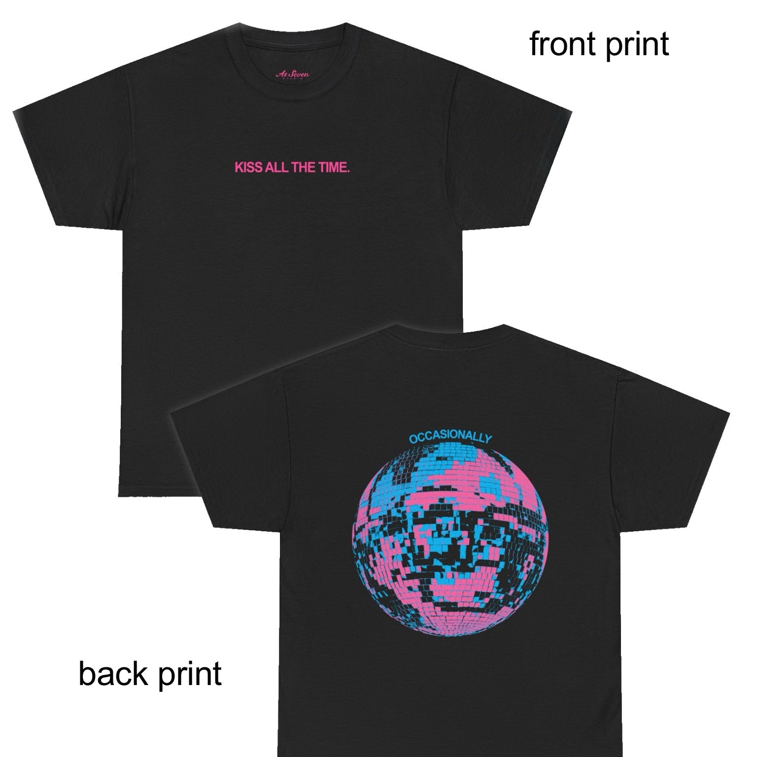 Black t-shirt with front and back prints on a white background