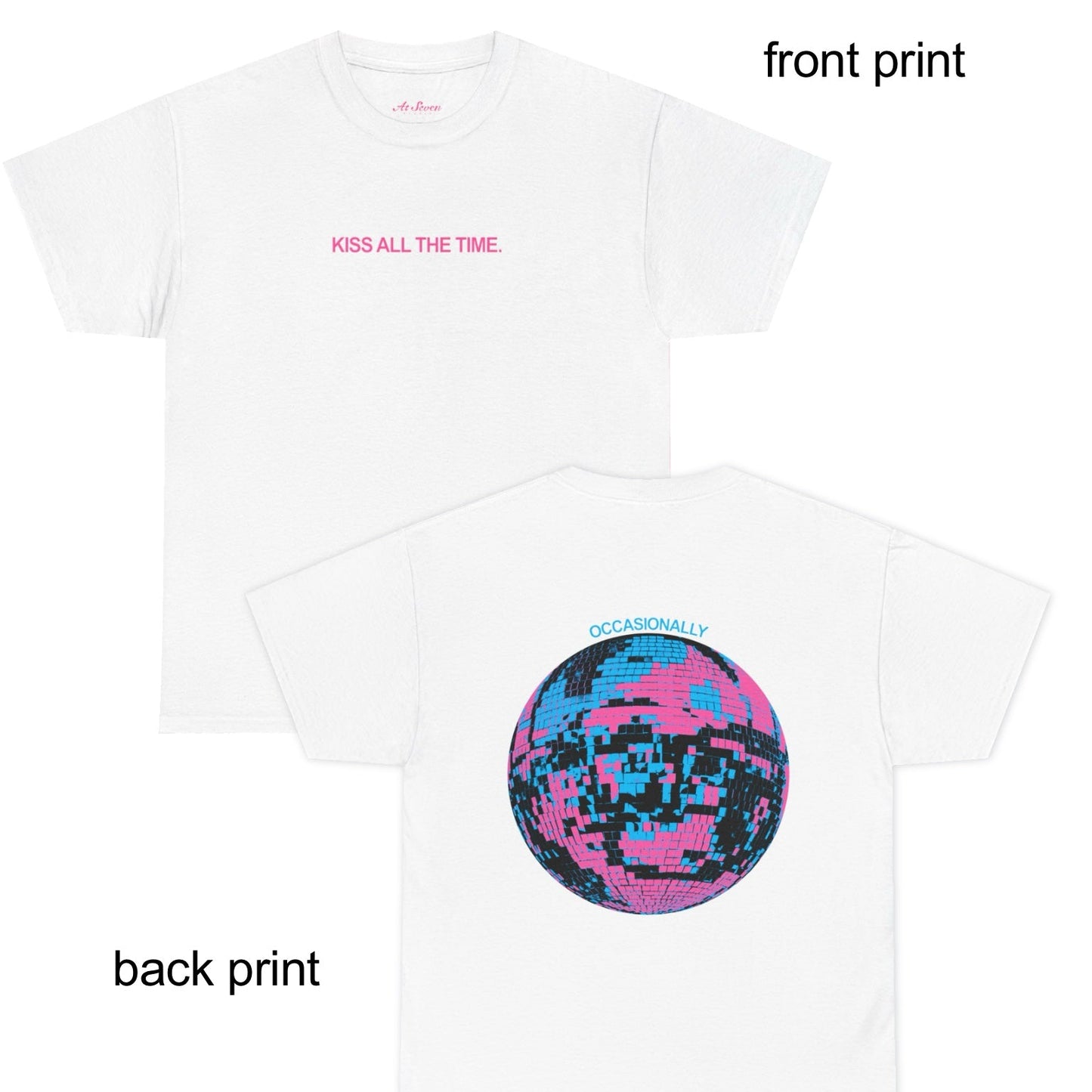 White t-shirt with colorful print on front and back