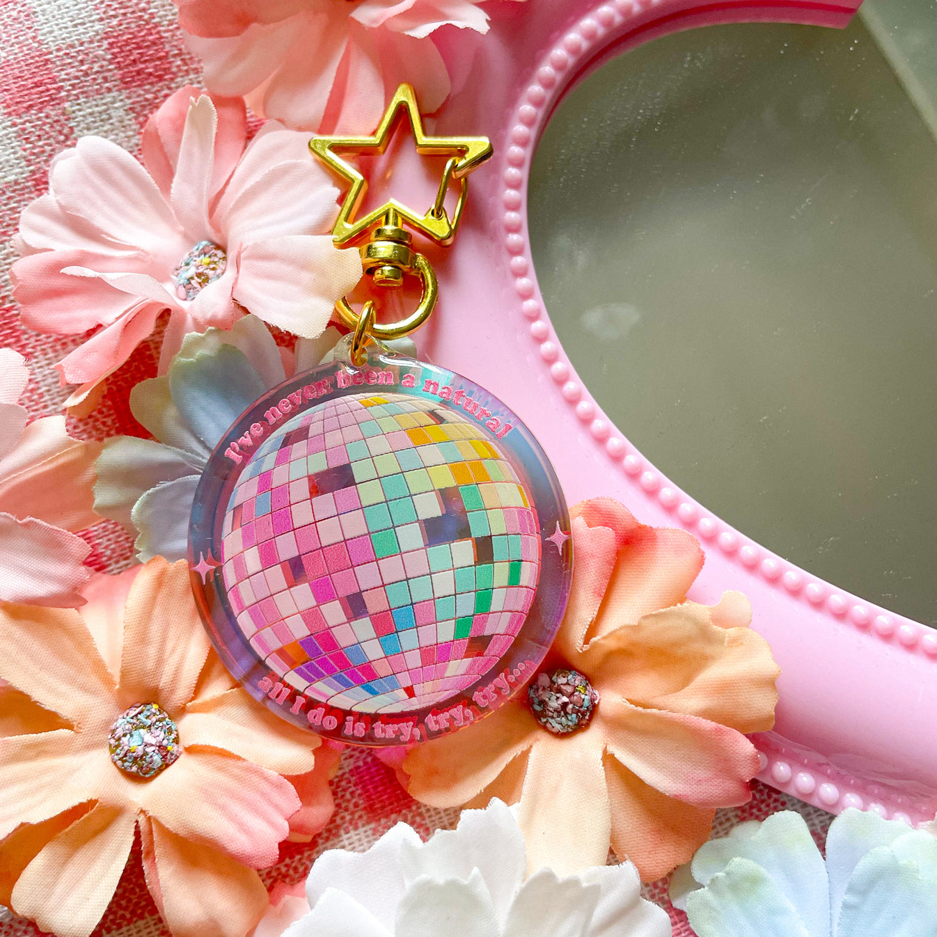 iridescent mirrorball keychain at seven studio